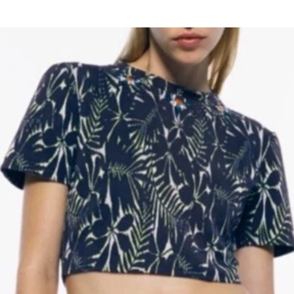Zara Navy Botanical Crop Top with Green & White Leaves